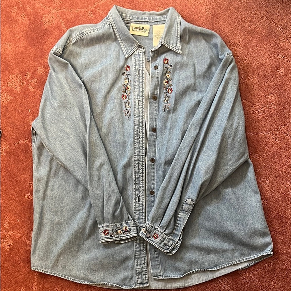 Vintage Flower Embroidered Denim Shirt